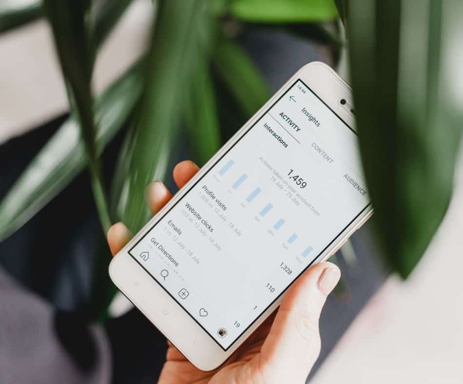 Someone holding a phone showing social media statistics