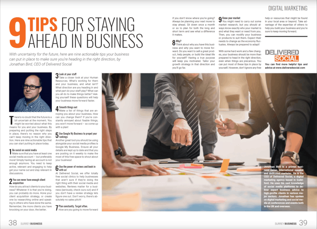 A two page article detailing 9 tips for staying ahead in business