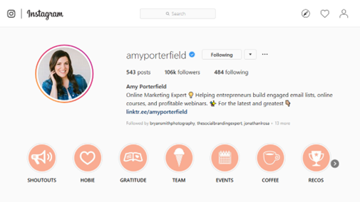Increase Your Instagram Followers And Grow Organically in 2024 -Screenshot from Amy Porterfield Instagram Page demonstrating highlights in the red square
