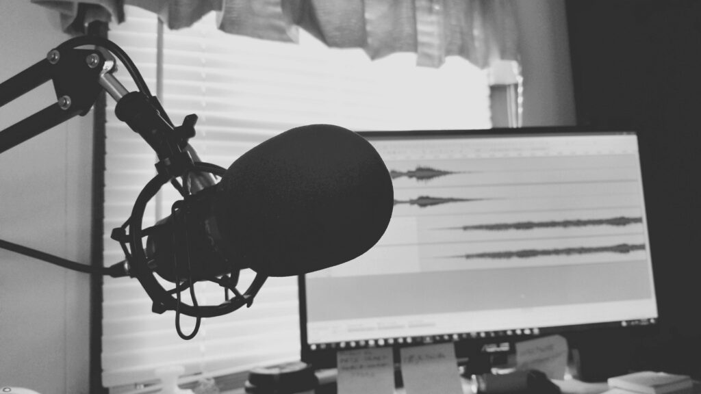 Podcast equipment set up at Desk