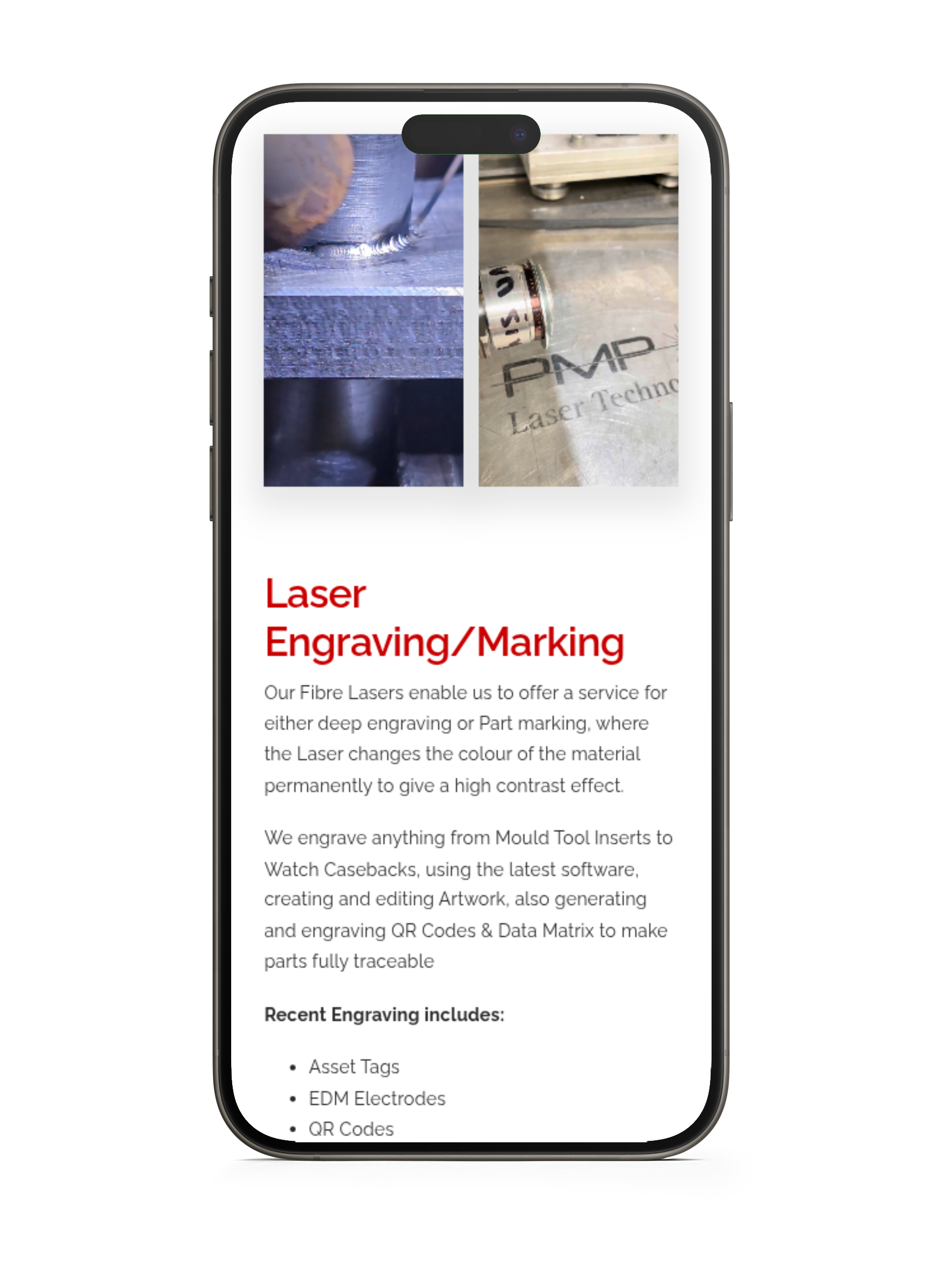 PMP Laser website on mobile Bellbird Comms - Website on Mobile