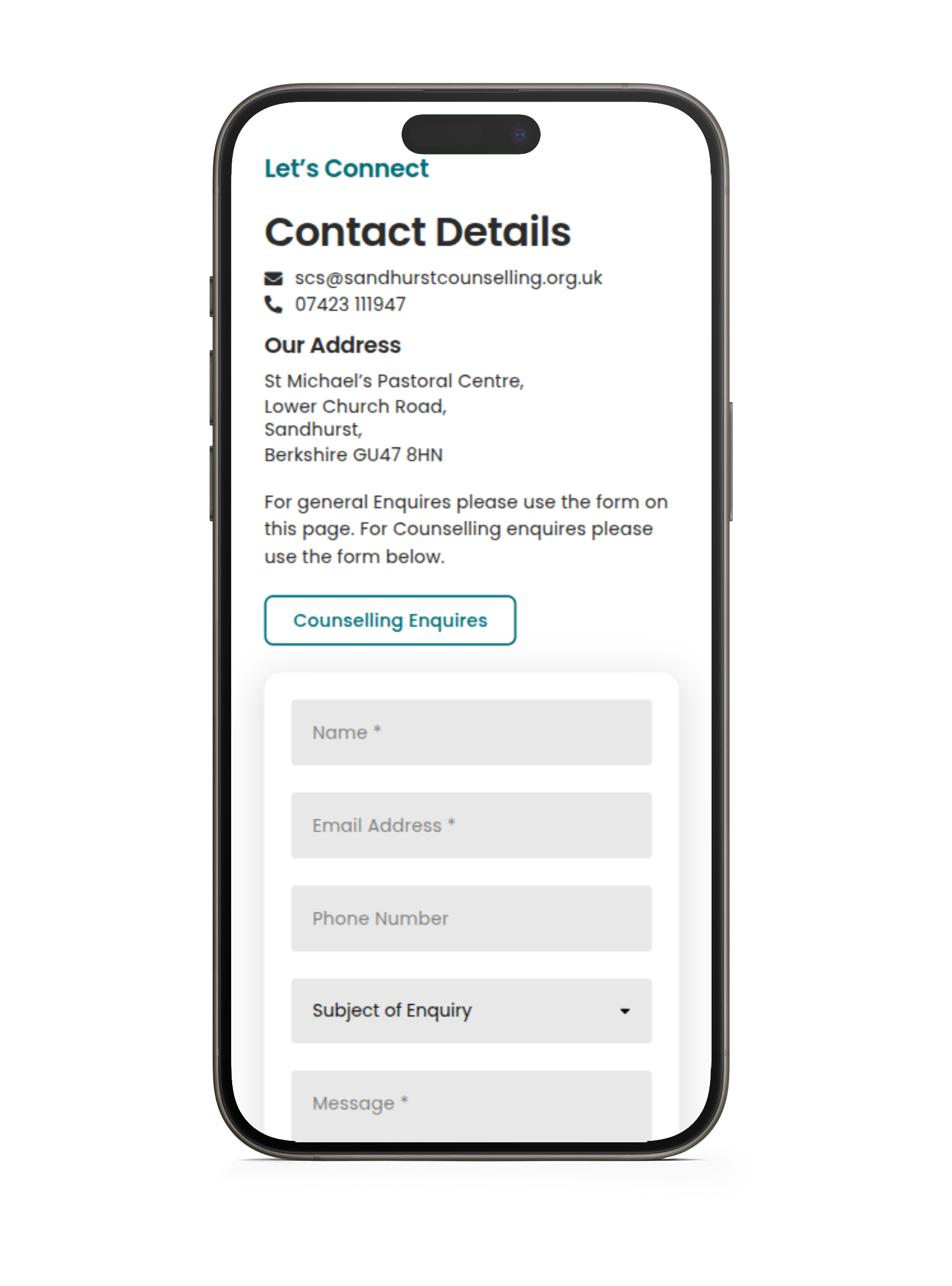 Sandhurst Councelling website on mobile Bellbird Comms - Website on Mobile