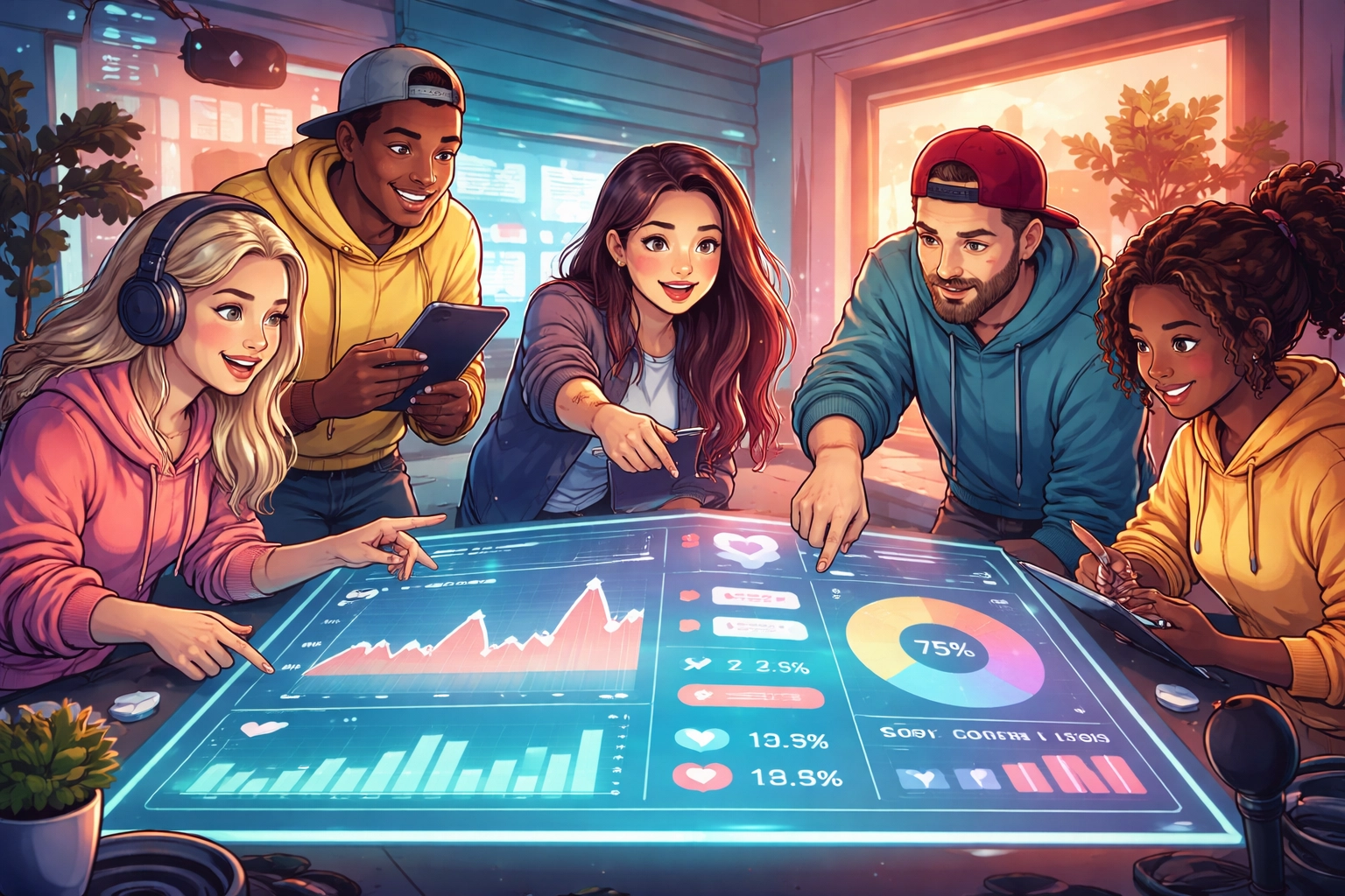 Diverse group of young creators discussing analytics and content strategy insights for the TikTok dislike button.