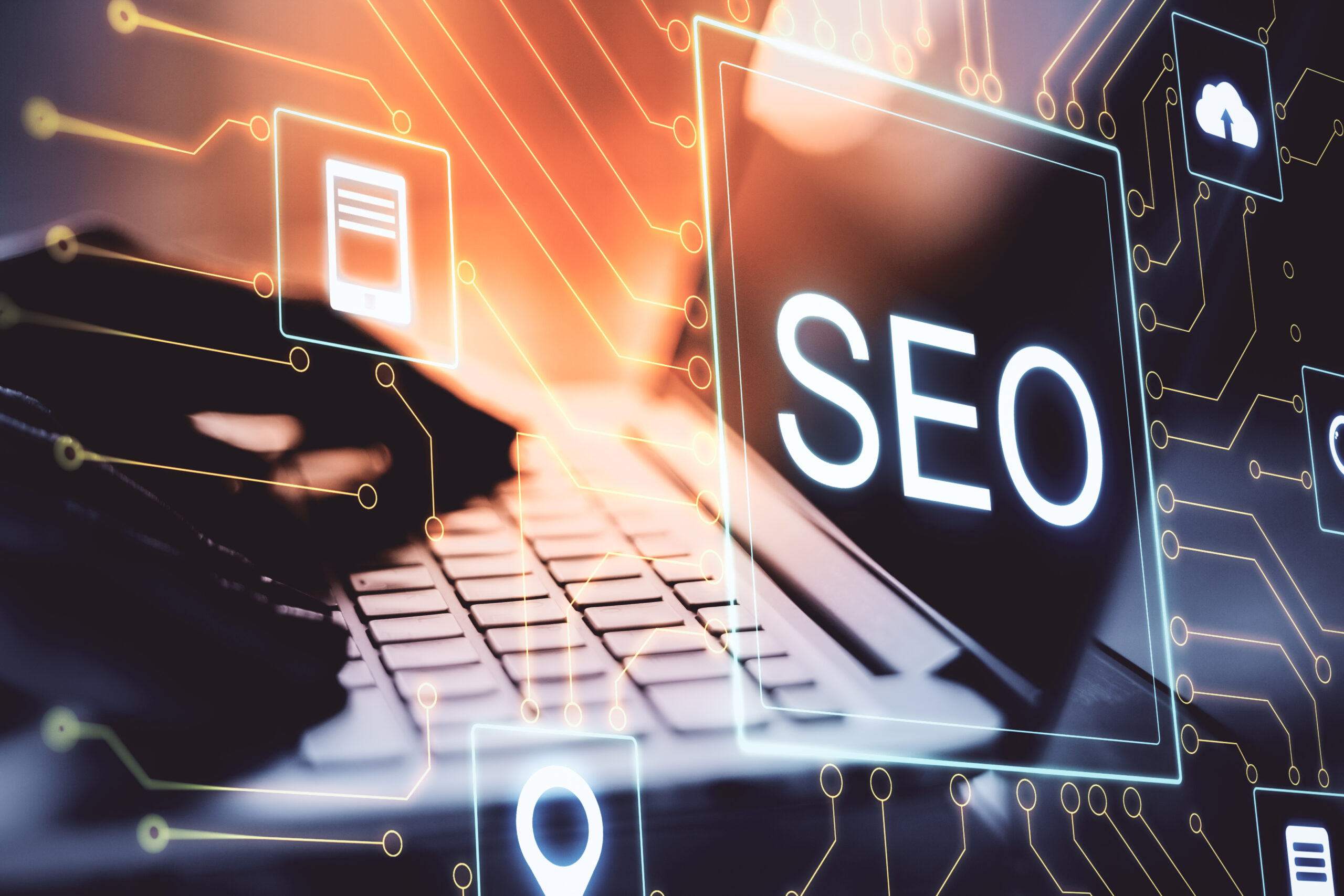 A holograph of SEO, along with someone working on their SEO website architecture