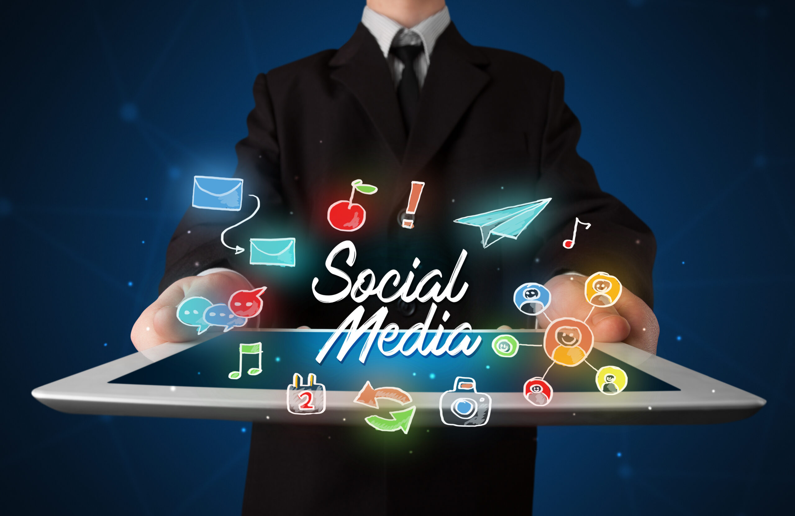 Outsource Social Media Management - Business man holding sign for social media.