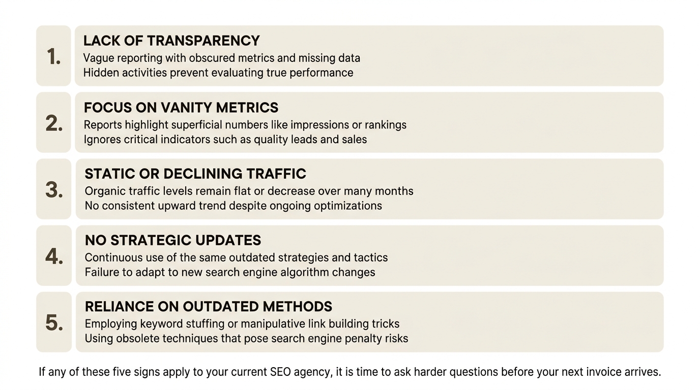 If any of these five signs apply to your current SEO agency, it is time to ask harder questions before your next invoice arrives.
