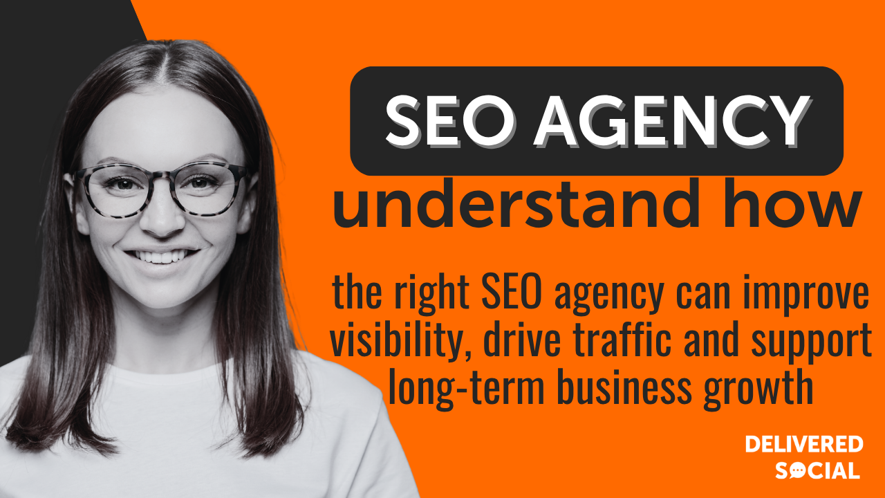 How Choosing the Right SEO Agency Can Change the Trajectory of Your Business Orange Delivered Social blog graphic featuring a black-and-white portrait with text introducing a guide to choosing the right SEO agency for business growth.