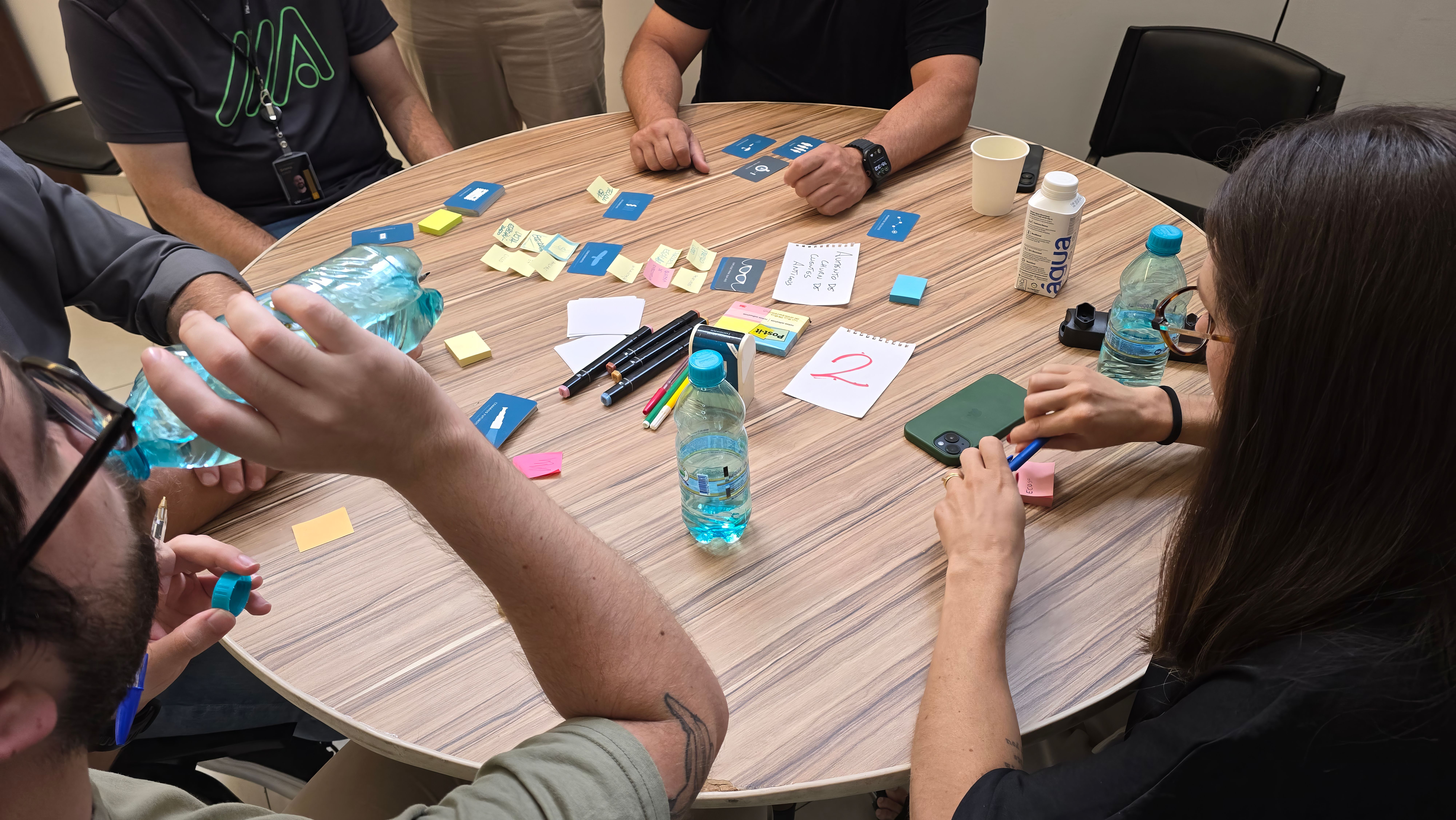 Group of adults collaborating at a round table with sticky notes and water bottles.