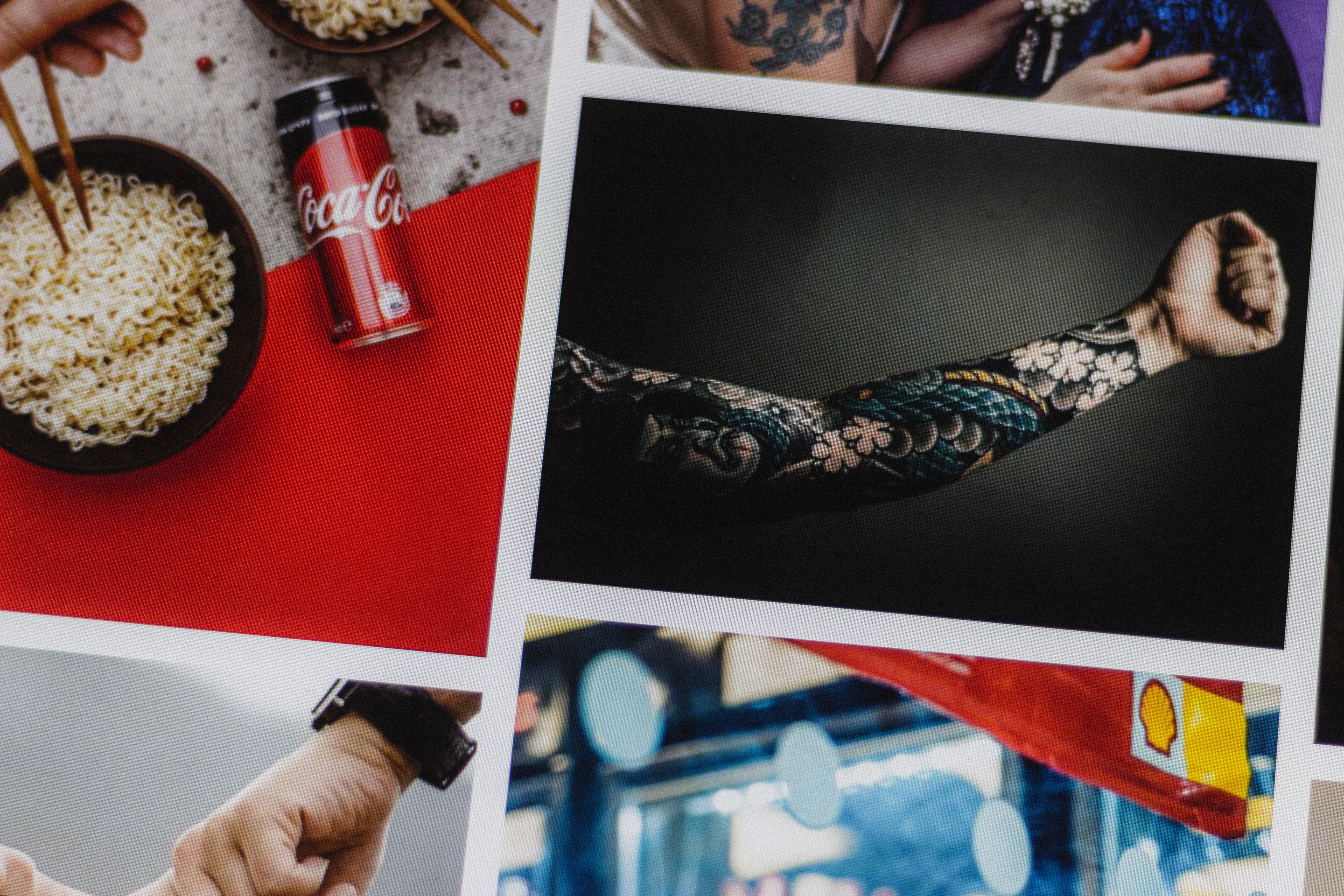 Assorted photos representing Asian food with can of refreshing drink against arm with ornamental tattoo