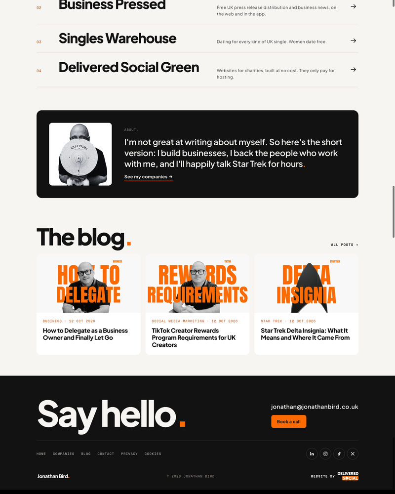 Jonathan Bird Website Sections