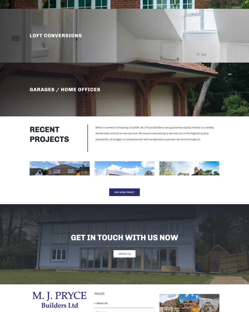 MJ Pryce Builders Website Sections