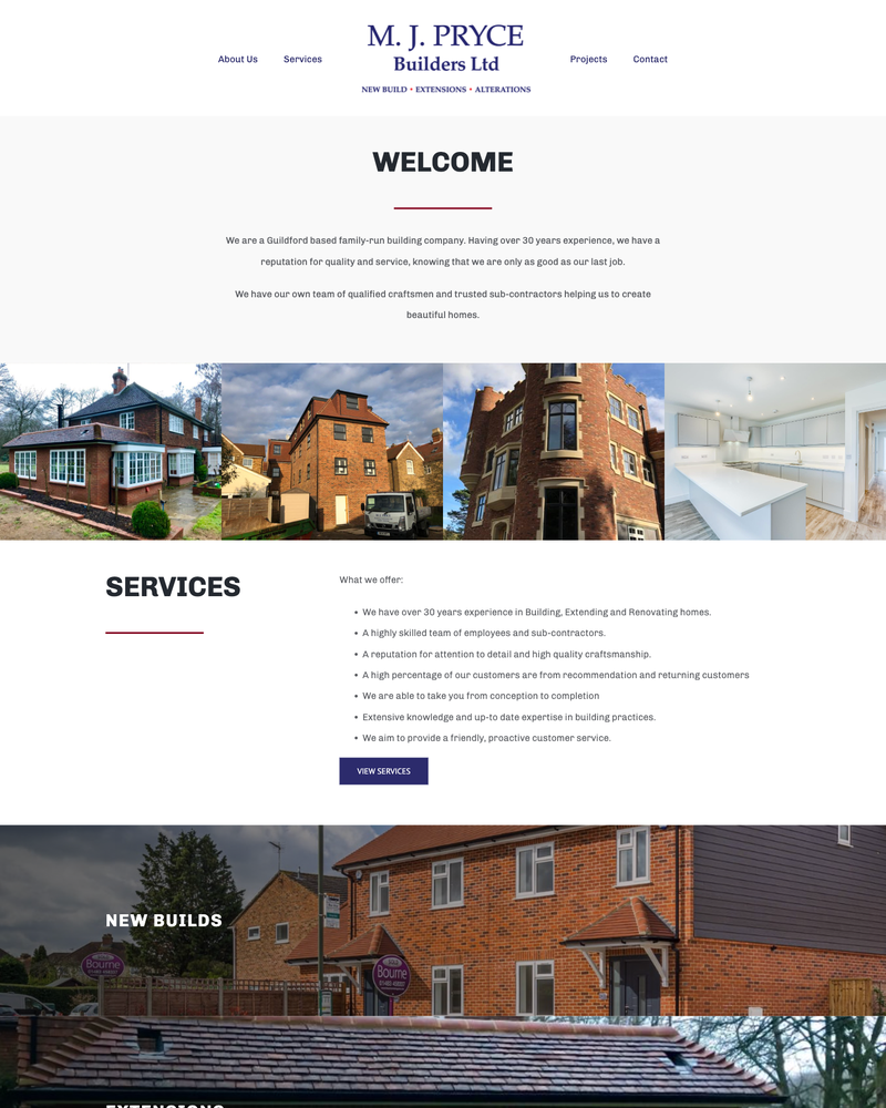 MJ Pryce Builders Website Homepage