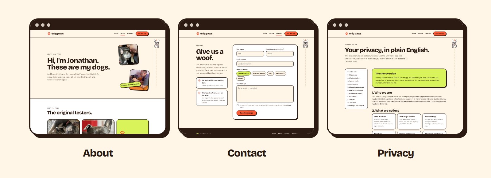 Only Paws About, Contact and Privacy Pages