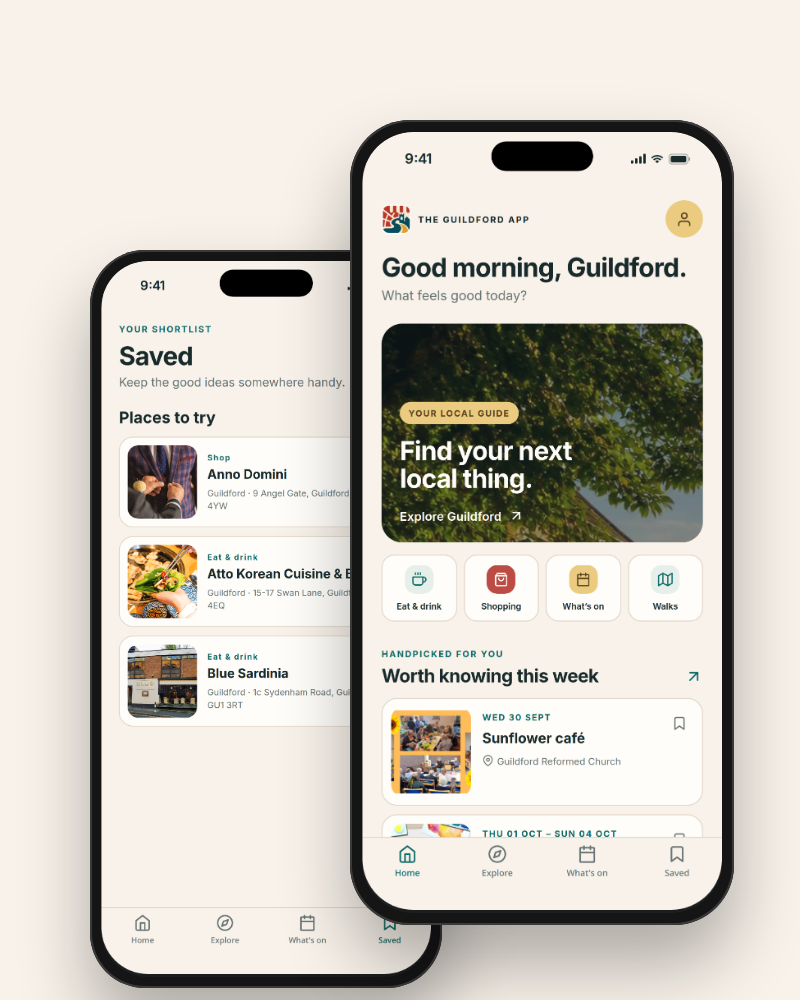 The Guildford App Home and Saved Screens
